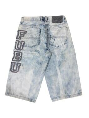 Fubu collection light wash jorts with embroidered font